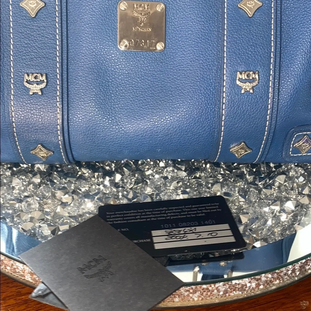 MCM Blue Satchel with Gold Accents with Card of Authenticity Boston style